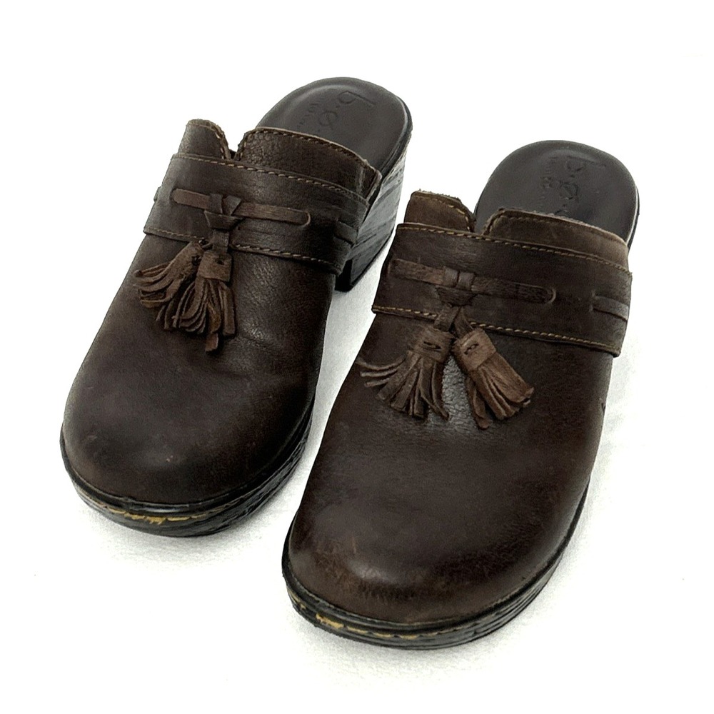 BOC Brown Leather Clogs w/Tassels Women's Sz 7M Neutral Retro Y2K